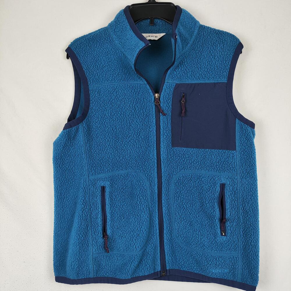 Orvis Vest Mens Medium Blue Sherpa Fleece Full Zip Lined Pockets Outdoor Hiking